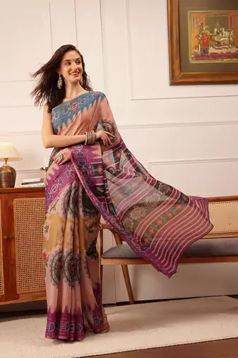 Beige Floral Digital Print Silk Cotton Saree