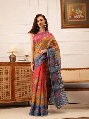 Mustard Floral Digital Print Silk Cotton Saree 2