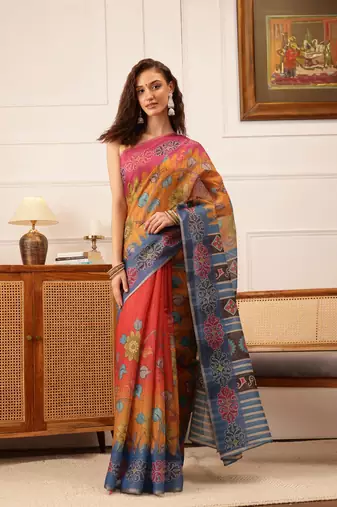 Mustard Floral Digital Print Silk Cotton Saree