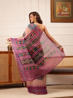 Beige Floral Digital Print Silk Cotton Saree 3