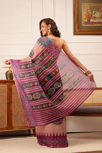Beige Floral Digital Print Silk Cotton Saree
