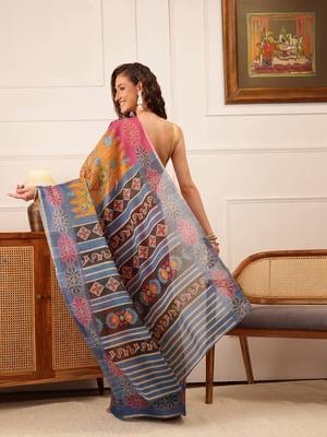 Mustard Floral Digital Print Silk Cotton Saree 3