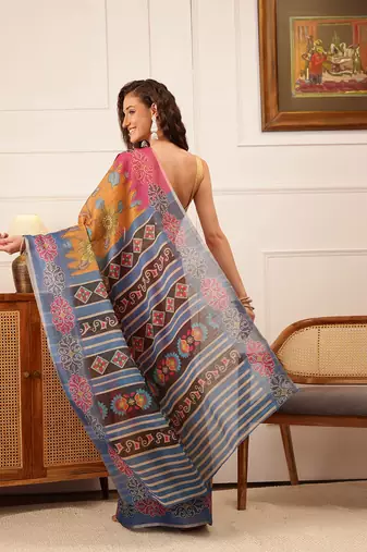 Mustard Floral Digital Print Silk Cotton Saree