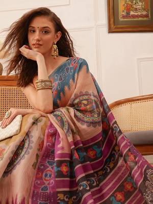 Beige Floral Digital Print Silk Cotton Saree 4