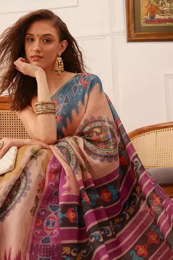 Beige Floral Digital Print Silk Cotton Saree