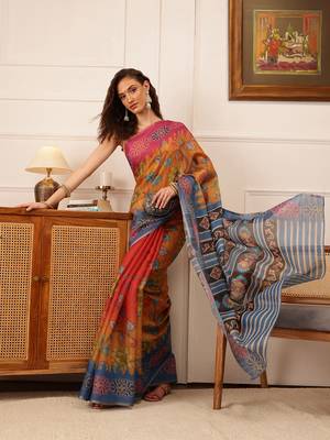 Mustard Floral Digital Print Silk Cotton Saree 4