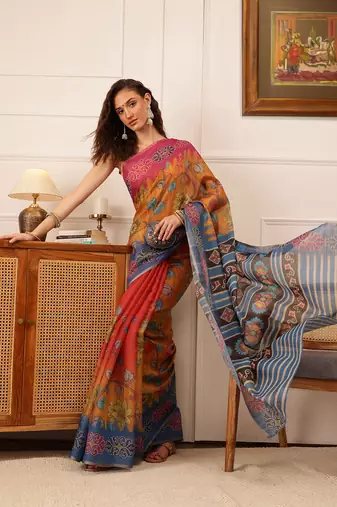 Mustard Floral Digital Print Silk Cotton Saree