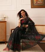 Black Floral Digital Print Cotton Blend Saree
