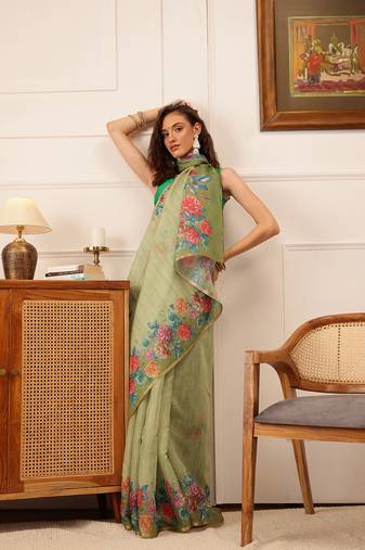 Green Floral Digital Print Silk Cotton Saree