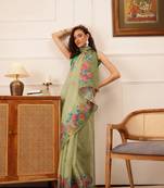 Green Floral Digital Print Silk Cotton Saree