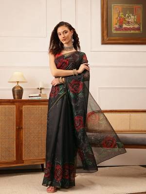 Black Floral Digital Print Cotton Blend Saree 2