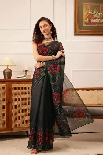Black Floral Digital Print Cotton Blend Saree