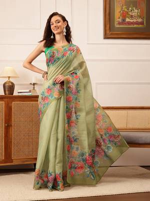 Green Floral Digital Print Silk Cotton Saree 2