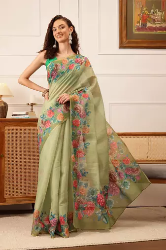 Green Floral Digital Print Silk Cotton Saree