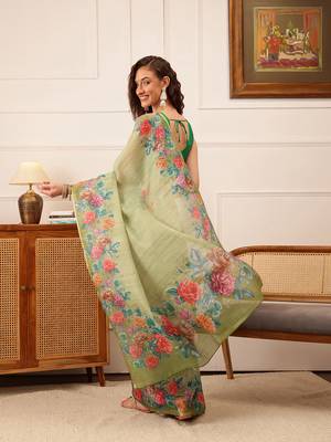 Green Floral Digital Print Silk Cotton Saree 3