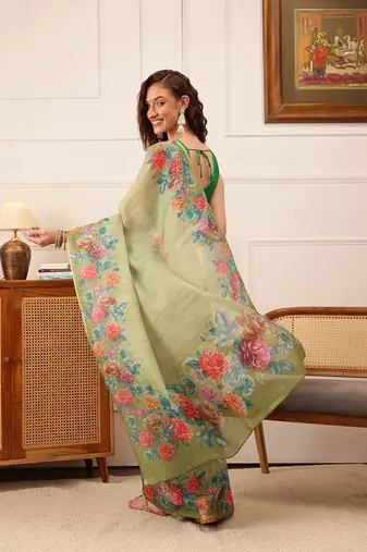 Green Floral Digital Print Silk Cotton Saree
