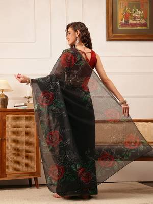 Black Floral Digital Print Cotton Blend Saree 3