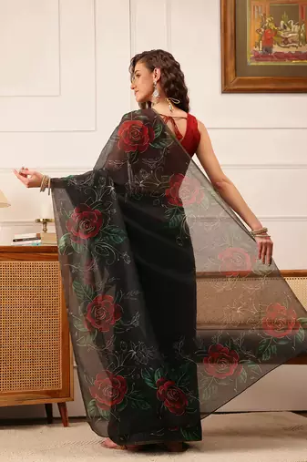 Black Floral Digital Print Cotton Blend Saree