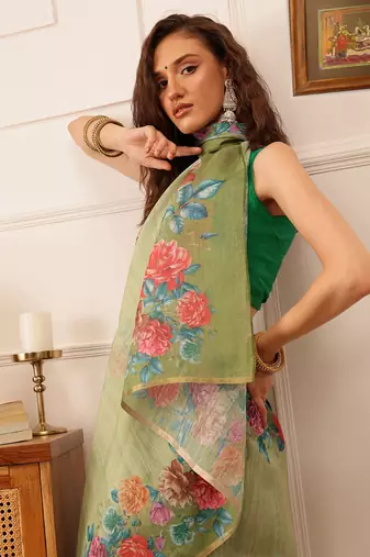 Green Floral Digital Print Silk Cotton Saree