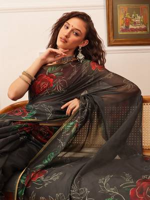 Black Floral Digital Print Cotton Blend Saree 4
