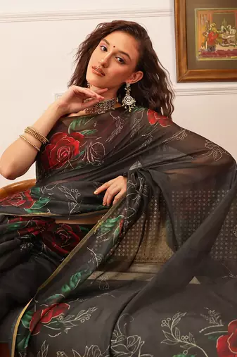 Black Floral Digital Print Cotton Blend Saree