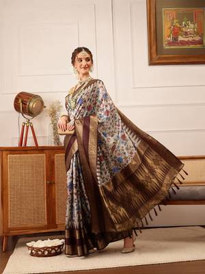 Beige Floral Digital Print Soft Silk Blend Saree 2