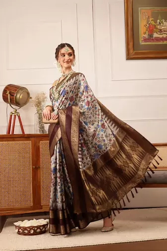 Beige Floral Digital Print Soft Silk Blend Saree