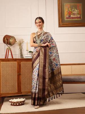 Beige Floral Digital Print Soft Silk Blend Saree 3