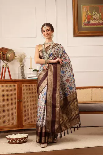 Beige Floral Digital Print Soft Silk Blend Saree