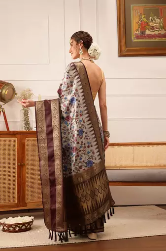 Beige Floral Digital Print Soft Silk Blend Saree