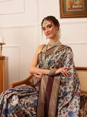 Beige Floral Digital Print Soft Silk Blend Saree 1