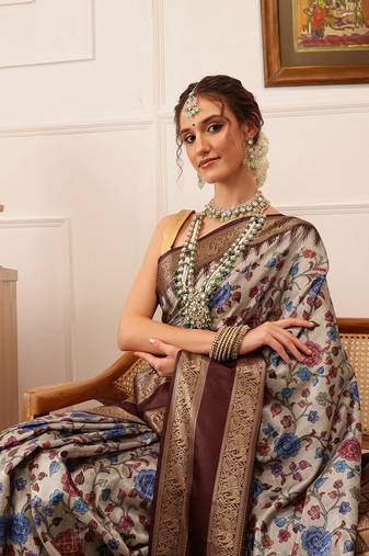 Beige Floral Digital Print Soft Silk Blend Saree