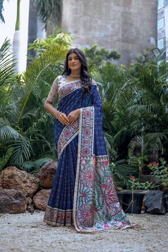 Blue Soft Tussar Silk With Madhubani Printed Pallu And Border With Claasic Bandhani Printed ,With Contrast Blouse