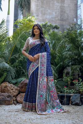 Blue Soft Tussar Silk With Madhubani Printed Pallu And Border With Claasic Bandhani Printed ,With Contrast Blouse 1