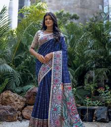 Blue Soft Tussar Silk With Madhubani Printed Pallu And Border With Claasic Bandhani Printed ,With Contrast Blouse