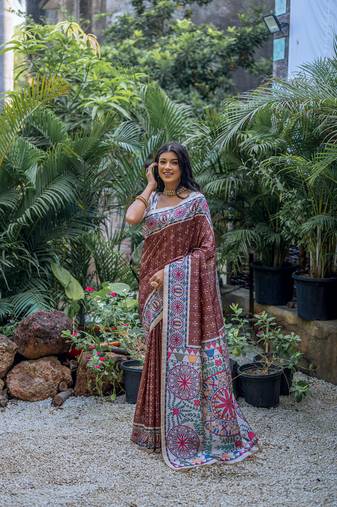 Coffee Soft Tussar Silk With Madhubani Printed Pallu And Border With Claasic Bandhani Printed ,With Contrast Blouse