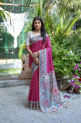 Pink Soft Tussar Silk With Madhubani Printed Pallu And Border With Claasic Bandhani Printed ,With Contrast Blouse