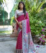 Pink Soft Tussar Silk With Madhubani Printed Pallu And Border With Claasic Bandhani Printed ,With Contrast Blouse