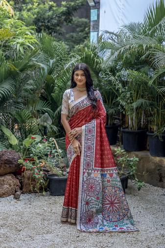 Red Madhubani tussar Print style tussar silk  Geomatric designer saree with Blouse