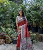 Red Madhubani tussar Print style tussar silk  Geomatric designer saree with Blouse