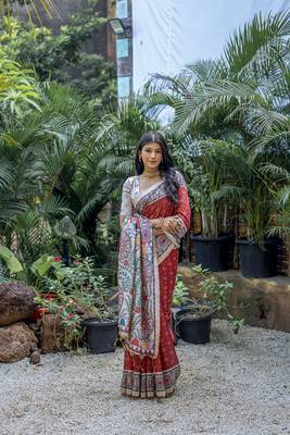 Red Madhubani tussar Print style tussar silk  Geomatric designer saree with Blouse 3
