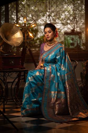 Teal Kanchipuram Style Silk Blend Paithani Saree & Rich Pallu Saree With Blouse