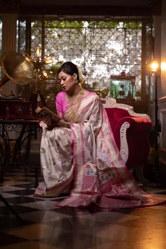 White Kanchipuram Style Silk Blend Paithani Saree & Rich Pallu Saree With Blouse