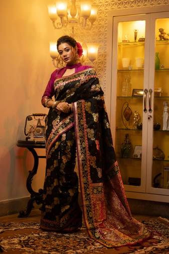 Black Kanchipuram Style Silk Blend Paithani Saree & Rich Pallu Saree With Blouse