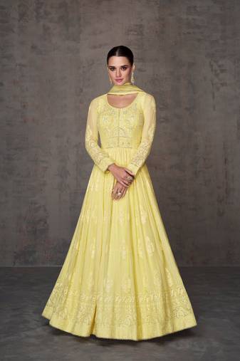 Yellow embroidered georgette anarkali salwar suit
