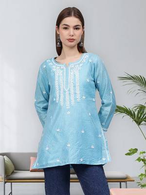 hand embroidered blue chanderi lucknowi chikankari top with slip 4