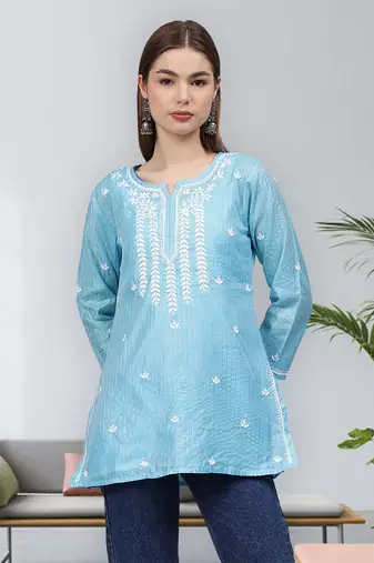 hand embroidered blue chanderi lucknowi chikankari top with slip