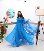 Royal Blue Colour Beautiful Long Gown With Pant Dupatta Set