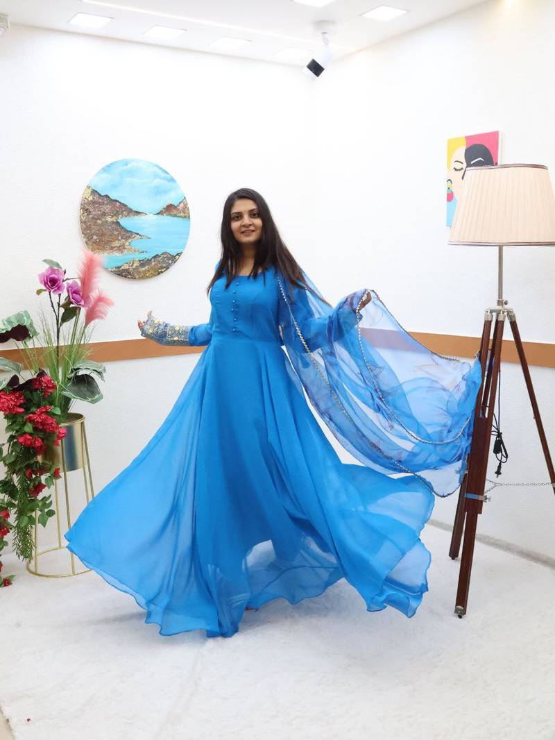 Royal Blue Colour Beautiful Long Gown With Pant Dupatta Set