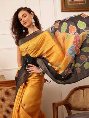 Mustard Floral Digital Print Kotha Silk Blend Saree 1